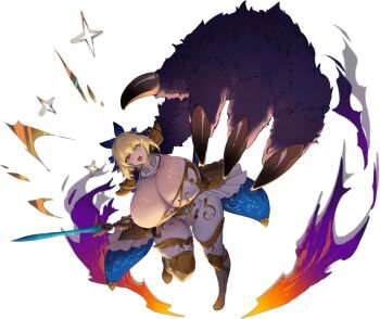 Rule 34 | 1girl, armor, armored gloves, beast arm, blonde hair, blush, bouncing breasts, bow, breasts, cleavage, covered navel, elaine (kyonyuu fantasy burst), hair bow, hair ribbon, heterochromia, holding, holding sword, holding weapon, huge breasts, incoming attack, kyonyuu fantasy, kyonyuu fantasy burst, looking at viewer, medium hair, official art, pauldrons, red eyes, ribbon, sheath, shoulder armor, sword, tassel, weapon, yellow eyes