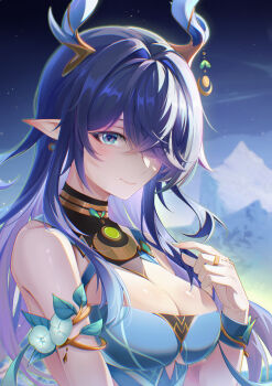 1girl absurdres antler_ornament antlers bare_shoulders blue_eyes breasts cleavage closed_mouth commentary dh_jiangjiang fingernails from_side genshin_impact hair_over_one_eye highres horns large_breasts lauma_(genshin_impact) long_hair looking_at_viewer nail_polish outdoors pointy_ears purple_hair solo upper_body very_long_hair