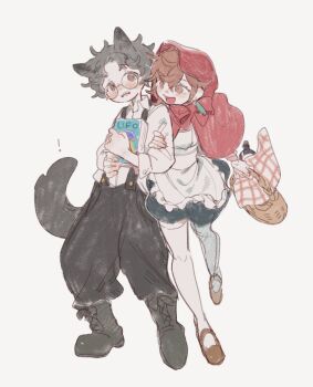 ! 10matomat0 1boy 1girl animal_ears apron ayase_momo basket big_bad_wolf big_bad_wolf_(cosplay) black_boots black_hair black_pants black_skirt blush book boots bottle bow bowtie brown_eyes brown_hair brown_shoes capelet collared_shirt cosplay couple crossed_bangs dandadan earrings full_body glasses hair_between_eyes hetero highres holding holding_another&#039;s_arm holding_basket holding_book hood hood_up hooded_capelet jewelry kemonomimi_mode little_red_riding_hood_(fairy_tale_character) little_red_riding_hood_(fairy_tale_character)_(cosplay) medium_hair open_mouth pants parted_bangs picnic_basket red_bow red_bowtie red_capelet round_eyewear shirt shoes short_hair skirt smile suspenders tail takakura_ken_(dandadan) thighhighs ufo waist_apron white_apron white_shirt white_thighhighs wolf_boy wolf_ears wolf_tail