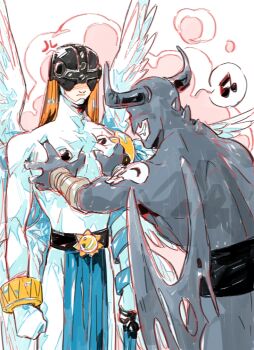 Rule 34 | 2boys, angel, angel and devil, angel wings, angemon, angry, armor, belt, black bodysuit, black wings, bodysuit, claws, clenched hands, covered eyes, demon, demon horns, demon wings, devimon, digimon, digimon (creature), digimon adventure, drooling, grabbing another's breast, groping, happy, helmet, helmet over eyes, horns, huigui6540, loincloth, long hair, multiple belts, multiple boys, multiple wings, orange hair, shoulder armor, skin tight, tight clothes, torn wings, white bodysuit, wings, yaoi