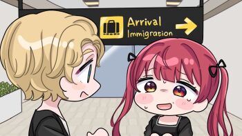 2girls arrow_(symbol) black_jacket black_shirt blue_eyes blush_stickers brown_eyes brown_hair chibi commentary_request english_text heterochromia hololive houshou_marine indoors jacket long_hair mochimiko multiple_girls open_clothes open_jacket puffy_short_sleeves puffy_sleeves red_eyes red_hair shirt short_hair short_sleeves sweat thick_eyebrows twintails very_long_hair virtual_youtuber white_shirt