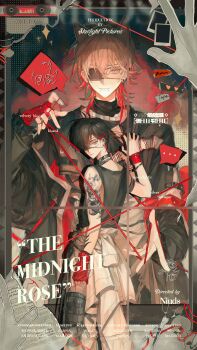 2boys absurdres animal_ears arm_tattoo black_hair black_shirt brown_eyes brown_hair cassette_player colored_inner_hair commission di_heng ear_piercing expressionless eyelashes eyepatch face_piercing gradient_hair grin highres lip_piercing looking_at_viewer male_focus mihuashi_commission mole mole_under_mouth multicolored_hair multiple_boys one_eye_covered original piercing pink_eyes screentones shirt smile standing string string_of_fate tattoo watermark