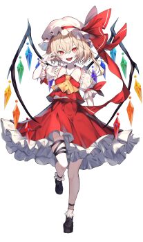 1girl absurdres ascot black_ribbon blonde_hair brown_shoes collared_shirt commentary_request crystal crystal_wings flandre_scarlet frilled_shirt_collar frilled_skirt frills full_body hat hat_ribbon highres leg_ribbon leg_up looking_at_viewer mob_cap multicolored_wings one_side_up open_mouth pointy_ears puffy_short_sleeves puffy_sleeves red_eyes red_skirt red_vest ribbon shirt shoes short_sleeves simple_background skirt skirt_set smile socks solo stitched teeth thigh_ribbon third-party_edit touhou vest white_background white_hat white_socks wings yamanakaume yellow_ascot