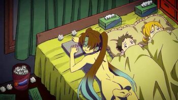 1boy 2girls aftersex age_difference ass heion_sedai_no_idaten-tachi huge_ass miku_(idaten) multiple_girls nude onee-shota screencap shota twintails