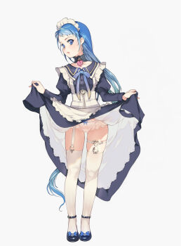 Rule 34 | 1girl, alternate costume, apron, bdsm, blue eyes, blue hair, branch (blackrabbits), choker, clothes lift, collar, enmaided, frills, full body, garter straps, heart-shaped lock, kantai collection, lifting own clothes, long hair, maid, maid apron, maid headdress, panties, puffy sleeves, ribbon, samidare (kancolle), skirt, skirt lift, slave, solo, swept bangs, thighhighs, underwear, very long hair, white background, white thighhighs