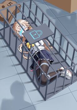1girl 2others absurdres arms_behind_back bag ball_gag bdsm black_pantyhose blindfold blonde_hair blue_archive bondage bound bound_legs box_tie cage cardigan chinese_commentary commentary_request commission crotch_rope egg_vibrator faust_(blue_archive) flat_chest from_above gag gagged hifumi_(blue_archive) highres in_cage loli long_hair low_twintails lying mask multiple_others neckerchief on_side open_mouth pantyhose paper_bag restrained sailor_collar school_uniform sex_toy shadow shibari shibari_over_clothes shoes skindentation sneakers solo_focus t_zhonglang tile_floor tiles twintails unworn_mask very_long_hair vibrator yellow_neckerchief