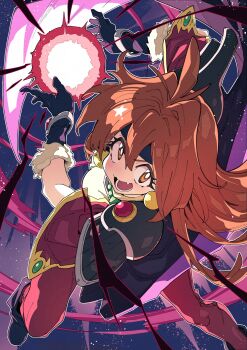 1girl armor black_boots black_cape black_gloves black_hairband boots bracelet cape commentary_request earrings energy_ball fang foot_out_of_frame fur-trimmed_gloves fur_trim gloves hair_between_eyes hairband highres incoming_attack jewelry lina_inverse long_hair looking_at_viewer magic open_mouth orange_eyes orange_hair pants red_pants red_shirt shirt shoulder_armor slayers smile solo ushiki_yoshitaka