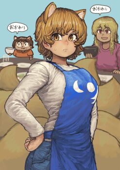 3girls :3 adapted_costume animal_ear_fluff animal_ears apron blonde_hair blue_apron blue_background blue_pants bowl brown_hair cat_ears cat_girl chanta_(ayatakaoisii) chen chibi closed_mouth cowboy_shot cup denim food food_on_face fox_ears fox_girl fox_tail frown hair_between_eyes hands_on_own_hips highres holding holding_bowl jeans long_hair long_sleeves messy_hair multiple_girls multiple_tails nervous no_headwear open_mouth orange_shirt pants pink_shirt plate red_eyes shirt short_hair short_sleeves simple_background smile solo_focus speech_bubble sweatdrop table tail touhou translation_request upper_body white_shirt yakumo_ran yakumo_yukari yellow_eyes
