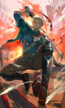 1boy arm_up belt black_boots black_shirt blue_eyes boots brown_pants dog_tags fire full_body gauntlets hand_up highres holding holding_sword holding_weapon hydrogen_fish igor_(reverse:1999) looking_at_viewer male_focus mature_male old old_man pants reverse:1999 sam_browne_belt shirt shoe_soles short_hair sitting solo sword torn_clothes torn_shirt weapon white_beard white_hair