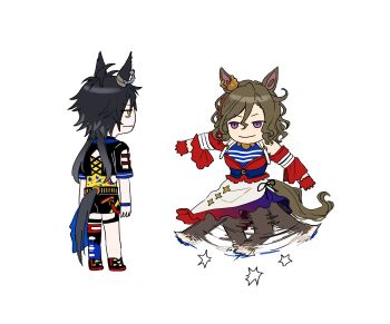 2girls ^^^ absurdres afterimage air_shakur_(umamusume) air_shakur_(unsigned)_(umamusume) animal_ear_piercing animal_ears arm_belt asymmetrical_skirt bags_under_eyes barbell_piercing bare_shoulders belt belt_buckle black_boots black_hair black_jacket black_pantyhose black_ribbon black_shorts black_thighhighs blue_corset blue_shirt blue_thighhighs boots braid brown_hair buckle chain chain_earrings character_request chibi closed_mouth clothing_cutout corset crescent criss-cross_back-straps cropped_jacket cross-laced_jacket dancing ear_ornament ear_piercing expressionless flat_color four-pointed_star frilled_gloves frilled_jacket frilled_skirt frills frown gloves gold_buckle hair_between_eyes hair_ribbon happy highres horse_ears horse_girl horse_tail industrial_piercing jacket ketsuge long_hair long_skirt long_sleeves looking_at_another medium_hair messy_hair motion_lines multicolored_thighhighs multiple_belts multiple_girls off-shoulder_jacket off_shoulder pantyhose piercing print_shirt print_skirt purple_eyes red_gloves red_jacket red_ribbon red_thighhighs ribbon shirt shoes short_sleeves shorts shoulder_belt shoulder_cutout simple_background single_braid single_thighhigh skirt smile sneakers star_(symbol) star_print striped_clothes striped_shirt tail thigh_strap thighhighs torn_clothes torn_thighhighs tress_ribbon umamusume unamused very_long_hair wavy_hair white_background white_belt white_boots white_skirt wide_sleeves wristband yellow_eyes yellow_shirt