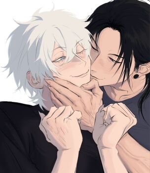 2boys 9enesiass black_hair blue_eyes closed_mouth fingernails getou_suguru gojou_satoru highres jujutsu_kaisen long_hair male_focus multiple_boys one_eye_closed sharp_fingernails short_hair simple_background upper_body white_background white_hair yaoi