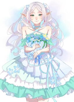 1girl aqua_trim bai_mei bare_shoulders blue_flower bouquet commentary cowboy_shot detached_sleeves dress dress_flower earrings elf flower forget-me-not_(flower) frieren green_eyes grey_hair hair_flower hair_ornament halter_dress halterneck highres holding holding_bouquet jewelry layered_dress long_hair looking_at_viewer parted_bangs pointy_ears smile solo sousou_no_frieren symbol-only_commentary tears twintails white_dress