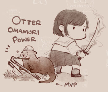 Rule 34 | 1girl, artist name, black skirt, black socks, chibi, grey background, holding, holding sword, holding weapon, knife, lead pipe, otter, planted, planted knife, planted weapon, pleated skirt, shimizu hinako, silent hill (series), silent hill f, simple background, skirt, socks, sparkle, sweatdrop, sword, watermark, weapon, zelda c wang