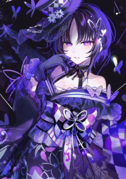 Rule 34 | 1girl, absurdres, asuma kanau, bare shoulders, black gloves, black hair, black hat, black kimono, breasts, bug, butterfly, butterfly hair ornament, butterfly hat ornament, checkered sleeves, cleavage, commentary request, cowboy shot, flower, frilled sleeves, frills, gloves, hair ornament, hand up, hat, hat flower, hat ornament, highres, housho margo, insect, japanese clothes, kimono, lolita fashion, long sleeves, looking at viewer, mahou shoujo no majo saiban, open mouth, parted bangs, purple butterfly, purple eyes, short hair, smile, solo, standing, top hat, wa lolita, wide sleeves