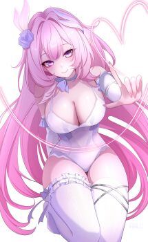 1girl alternate_costume artist_name bare_shoulders breasts closed_mouth commentary commentary_request cyrene_(honkai:_star_rail) cyrene_(ripples_of_past_reverie)_(honkai:_star_rail) diamond-shaped_pupils diamond_(shape) fingernails flower hair_flower hair_ornament hand_up highres honkai:_star_rail honkai_(series) large_breasts leotard long_hair looking_at_viewer pink_hair pr_ponnyan purple_eyes purple_flower purple_rose rose simple_background smile solo symbol-shaped_pupils thighs very_long_hair white_background white_leotard