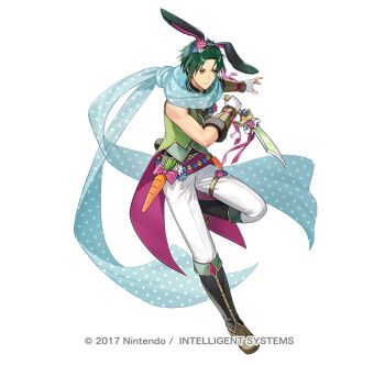 Rule 34 | 1boy, animal ears, belt, black boots, black hairband, black pants, black shirt, blue scarf, boots, carrot, commentary request, dagger, easter egg, egg, fake animal ears, fighting stance, fingerless gloves, fire emblem, fire emblem: path of radiance, fire emblem: radiant dawn, fire emblem heroes, gloves, green hair, green jacket, green vest, hairband, holding, holding dagger, holding knife, holding weapon, jacket, knife, male focus, nintendo, official alternate costume, official art, pants, rabbit ears, scarf, shirt, simple background, sleeveless, solo, sothe (fire emblem), sothe (in the breeze) (fire emblem), tsunakawa, vest, weapon, white gloves, yellow eyes