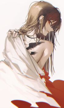 1girl absurdres back_tattoo brown_hair commentary cross cross_earrings earrings english_commentary highres jewelry long_hair looking_at_viewer looking_to_the_side multiple_rings noubin off_shoulder original red_eyes ring shirt solo tattoo white_background white_shirt