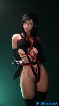 1girl 3d alternate_costume arms_behind_back artist_name bare_shoulders bdsm birthmark black_hair black_nails black_thighhighs bound breasts cleavage collarbone earrings elbow_gloves female_focus final_fantasy final_fantasy_vii final_fantasy_vii_remake fingerless_gloves gloves hair_between_eyes highres jewelry large_breasts legs long_hair looking_at_viewer low-tied_long_hair nail_polish navel navel_piercing parted_lips piercing red_eyes red_rope rope shibari shiny_skin solo square_enix standing stomach strauzek thighhighs thighs tifa_lockhart twitter_username underboob weapon