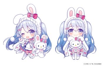 1girl :3 ;d animal_ear_hairband animal_ears blue_eyes blue_hair blue_necktie blue_skirt boots bow bow_hairband bow_legwear chibi chibi_only closed_mouth commentary_request copyright_name copyright_notice detached_sleeves double-parted_bangs fake_animal_ears full_body fur-trimmed_sleeves fur-trimmed_vest fur_trim gradient_hair hair_bow hair_ornament hairband hatsune_miku hello_kitty hello_kitty_(character) holding holding_stuffed_toy leg_up long_hair looking_at_viewer miniskirt mittens multicolored_hair multiple_views necktie official_art one_eye_closed open_mouth outstretched_arm patterned_hair paw_print_palms pink_bow pink_trim pleated_skirt rabbit_ear_hairband rabbit_ears saine sanrio scarf simple_background skindentation skirt sleeveless smile snowflake_hair_ornament snowflake_print standing standing_on_one_leg straight_hair stuffed_animal stuffed_cat stuffed_toy thigh_boots thighhighs twintails two-tone_hair very_long_hair vest vocaloid waistcoat white_background white_boots white_bow white_hair white_scarf white_vest yuki_miku zettai_ryouiki