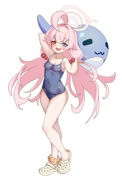 1girl absurdres ahoge ankle_scrunchie blue_archive blue_eyes blue_one-piece_swimsuit competition_school_swimsuit covered_navel crocs full_body hair_bobbles hair_ornament halo heterochromia highres hisi_978 hoshino_(blue_archive) huge_ahoge inflatable_dolphin inflatable_toy long_hair looking_at_viewer low_twintails one-piece_swimsuit pink_hair pink_halo school_swimsuit scrunchie simple_background smile solo swimsuit twintails white_background yellow_eyes