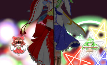 >_< 6+girls :d >_< anger_vein angry bow censored cirno cosplay daiyousei detached_sleeves evil_smile frilled_skirt frills frog_hair_ornament glowing glowing_eyes hair_bow hair_ornament hakurei_reimu hakurei_reimu_(cosplay) highres kochiya_sanae kochiya_sanae_(cosplay) mofu_mofu moriya_suwako multiple_girls nontraditional_miko ofuda onbashira open_mouth pyonta skirt smile snake_hair_ornament split_screen star_(symbol) touhou wings xd yasaka_kanako