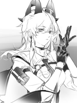 1girl absurdres adjusting_clothes adjusting_gloves arm_pouch breasts chest_harness chinese_commentary collared_shirt coloki commentary_request curled_horns earrings glove_pull gloves greyscale hands_up harness highres horns jewelry key_earrings long_hair medium_breasts mole mole_under_eye monochrome necktie parted_lips shirt solo upper_body wuthering_waves zani_(wuthering_waves)