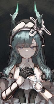 Rule 34 | 1girl, arknights, arknights: endfield, black veil, blue eyes, blue hair, blue horns, bracelet, closed mouth, commentary, facial mark, gloves, half gloves, hands up, highres, horns, jewelry, long hair, looking at viewer, opuricheri, own hands together, pearl bracelet, pointy ears, rosary, sidelocks, smile, solo, veil, xaihi (arknights)
