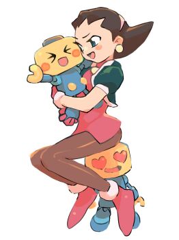 1girl absurdres blush boots brown_hair cropped_jacket earrings gan2 gloves hair_pulled_back hair_slicked_back hairband highres hug jewelry mega_man_(series) mega_man_legends_(series) open_mouth pantyhose pink_boots pink_gloves pink_hairband robot servbot_(mega_man) short_hair smile tron_bonne_(mega_man)