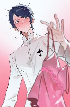 Rule 34 | 1boy, absurdres, babydoll, blue eyes, blue hair, blurry, blurry foreground, blush, channel 0513, closed mouth, collared shirt, embarrassed, gradient background, highres, kitagawa yuusuke, long sleeves, lower eyelashes only, male focus, persona, persona 5, pink babydoll, pink background, shirt, simple background, solo, sweat, unworn babydoll, upper body, white shirt