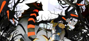 1boy backpack bag bare_tree black_sclera blonde_hair blue_jumpsuit brown_bag colored_sclera forest fur-trimmed_jumpsuit fur_trim gen_2_pokemon gen_4_pokemon ginkgo_guild_uniform giratina giratina_(altered) goguma_wagamja hair_over_one_eye hat highres jumpsuit legendary_pokemon long_sleeves multicolored_hat nature nintendo open_mouth pokemon pokemon_(creature) pokemon_legends:_arceus red_eyes scarf short_hair smile togetic tree two-tone_headwear volo_(pokemon) wings yellow_hat