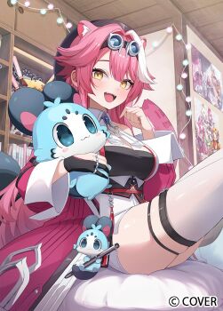 1girl animal_ears artist_glove black_gloves breasts commentary_request fangs gloves hololive hololive_english indoors long_hair long_sleeves looking_at_viewer multicolored_hair official_art open_mouth panther_ears panther_girl partially_fingerless_gloves pink_hair raora_panthera single_glove smile solo tamago_nezumi teeth thighhighs upper_teeth_only virtual_youtuber white_hair white_thighhighs yellow_eyes