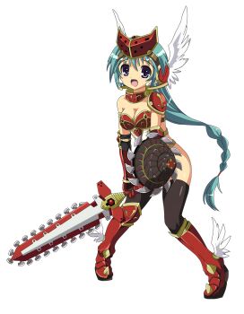 10s 1girl aqua_hair armor bikini_armor blue_eyes boots chainsaw_sword curvy female_focus highleg highleg_leotard highres holding holding_sword holding_weapon leotard long_hair looking_at_viewer mirim official_art ponytail queen&#039;s_blade queen&#039;s_blade_rebellion revealing_clothes shield shiny_skin smile solo sword thighhighs thong_leotard tsurugi_hagane weapon white_leotard wide_hips
