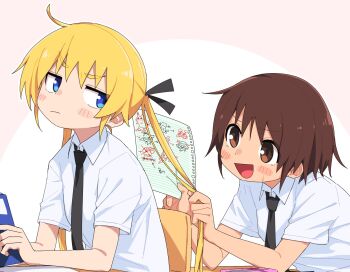 2girls beedrill behind_another black_necktie black_ribbon blue_eyes blush_stickers book brown_eyes brown_hair chair character_request closed_mouth collared_shirt commentary_request desk doodles frown gen_1_pokemon gen_2_pokemon gen_4_pokemon gen_7_pokemon grabbing_another&#039;s_hair hair_ribbon highres holding holding_another&#039;s_hair holding_book holding_paper jitome kill_me_baby long_hair looking_at_another looking_back multiple_girls necktie nervous nintendo on_chair oribe_yasuna paper paras pikachu pokemon ribbon rotom rotom_(normal) rowlet school_chair school_desk school_uniform shiritori shirt short_eyebrows short_hair short_sleeves sitting smile sonya_(kill_me_baby) sweatdrop twintails upper_body v-shaped_eyebrows vulpix white_shirt wooper yachima_tana