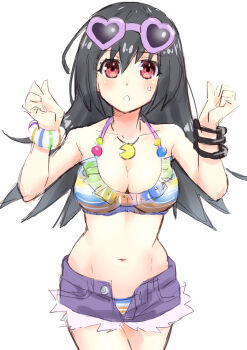 bangle bikini bracelet breasts choujigen_game_neptune cleavage denim denim_shorts eyewear_on_head grey_hair heart heart-shaped_eyewear highres jewelry kow_(kow0117) long_hair medium_breasts navel necklace neptune_(series) red_eyes shorts striped_bikini striped_bikini_top striped_clothes sunglasses swimsuit tekken_(neptunia)