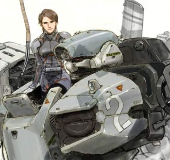 1girl brown_hair female_focus front_mission front_mission_4 gloves izo_(bjc000510) latona_rodiona_vasilev looking_at_viewer lowres mecha robot solo standing white_gloves