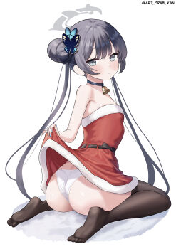 1girl absurdres alternate_costume aqua_nails art_crab ass bare_shoulders bell black_choker black_hair black_thighhighs blue_archive butterfly_hair_ornament choker christmas clothes_lift collarbone commentary_request double_bun dress dress_lift from_behind grey_eyes grey_halo hair_between_eyes hair_bun hair_ornament halo highres kisaki_(blue_archive) lifting_own_clothes long_hair looking_at_viewer looking_back nail_polish neck_bell red_dress short_dress sidelocks simple_background sitting soles solo strapless strapless_dress thighhighs toes twintails twisted_torso wariza white_background