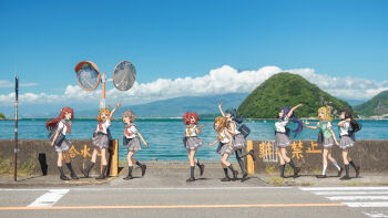 ahoge bag blonde_hair blue_eyes blue_hair blush brown_eyes cloud cloudy_sky commentary_request everyone from_side green_eyes grey_hair highres kunikida_hanamaru kurosawa_dia kurosawa_ruby loafers long_hair looking_at_another love_live! love_live!_sunshine!! matsuura_kanan multiple_girls necktie numazu ocean official_art ohara_mari open_mouth orange_hair photo-referenced photo_(medium) photo_background ponytail purple_eyes purple_hair real_life realistic red_eyes red_hair ribbon sakurauchi_riko school_bag school_uniform serafuku shizuoka_prefecture shoes short_hair skirt sky smile socks summer_uniform takami_chika tsushima_yoshiko uranohoshi_school_uniform watanabe_you wavy_hair wide_shot