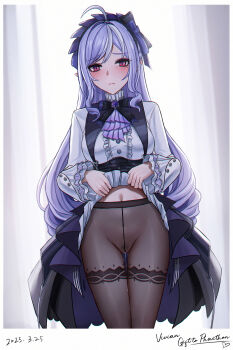 1girl black_pantyhose blush breasts closed_mouth dated female_pubic_hair highres large_breasts long_hair long_sleeves looking_at_viewer md5_mismatch mole mole_under_eye navel no_panties paid_reward_available pantyhose pointy_ears pubic_hair purple_hair pussy_juice pussy_juice_drip_through_clothes pussy_juice_trail red_eyes resolution_mismatch revision selcky sidelocks solo source_smaller standing thigh_gap thighband_pantyhose thighs underwear vivian_banshee zenless_zone_zero