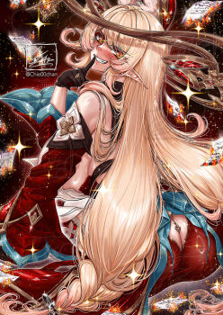 1girl alice_(genshin_impact) ass back bare_shoulders black_gloves blonde_hair blush breasts burning burning_paper butt_crack chie00chan detached_sleeves dress finger_to_mouth from_behind genshin_impact gloves gold_halo grin hair_between_eyes heart large_breasts long_hair long_pointy_ears long_sleeves looking_at_viewer looking_back paper pointy_ears red_dress red_eyes red_sleeves shushing side_ahoge sitting smile solo very_long_hair wide_sleeves yellow_eyes
