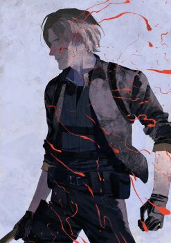 Rule 34 | 1boy, black coat, black gloves, black shirt, blonde hair, blood, coat, cowboy shot, furrowed brow, gloves, grey background, highres, holding, holding weapon, leon s. kennedy, male focus, parted bangs, parted lips, resident evil, resident evil requiem, shirt, short hair, simple background, sleeves rolled up, solo, weapon, xianyu chuan