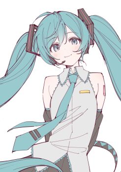 Rule 34 | 1girl, ahoge, aqua eyes, aqua hair, aqua necktie, aqua trim, arms behind back, bare shoulders, black skirt, black sleeves, blush, breast pocket, closed mouth, collared shirt, detached sleeves, frilled shirt, frills, grey shirt, hair between eyes, hair ornament, hatsune miku, head tilt, headset, highres, long hair, long sleeves, looking at viewer, microphone, necktie, pleated skirt, pocket, rakugaki ningen, shirt, shoulder tattoo, sidelocks, simple background, skirt, sleeveless, sleeveless shirt, smile, solo, tattoo, tie clip, twintails, untucked shirt, upper body, very long hair, vocaloid, white background
