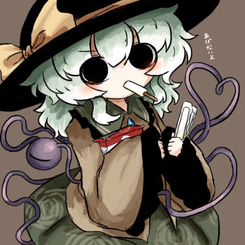 1girl black_eyes black_hat brown_background commentary_request contrast_collar food green_hair green_skirt hair_between_eyes hat hat_ribbon heripantomorrow holding holding_food holding_popsicle komeiji_koishi long_sleeves looking_at_viewer mouth_hold popsicle ribbon shirt simple_background skirt solo third_eye touhou v-shaped_eyebrows wide_sleeves yellow_ribbon yellow_shirt