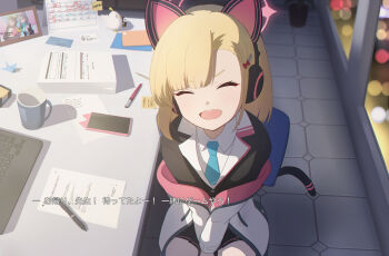 1girl :d ^_^ aged_up alternate_costume alternate_hairstyle animal_ear_headphones animal_ears between_legs black_skirt black_suit blue_archive blue_necktie blunt_bangs blush bow cat_ear_headphones cat_ears cat_tail character_print closed_eyes collared_shirt commentary_request computer cowboy_shot desk facing_viewer fake_animal_ears fake_screenshot fake_tail foreshortening formal_clothes hair_bow hair_ornament hairclip halo hamachikichiki hand_between_legs headphones highres indoors jacket jacket_partially_removed laptop medium_hair miniskirt momoi_(blue_archive) necktie nonomi_(blue_archive) open_clothes open_jacket open_mouth partial_commentary photo_(object) pink_halo pleated_skirt red_bow shiroko_(blue_archive) shirt sitting skirt smile solo straight-on subtitled suit tail teeth tile_floor tiles translation_request upper_teeth_only v-shaped_eyebrows v_arms white_jacket white_shirt