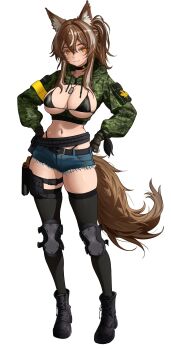 1girl absurdres animal_ear_fluff animal_ears armband belt black_boots black_bra black_choker blue_shorts boots bra breasts brown_eyes brown_hair cadpat callisto_(greyeth) choker commentary commission denim denim_shorts dog_tags english_commentary fox_ears fox_girl fox_tail full_body glock gloves green_jacket gun handgun hands_on_own_hips highres holster jacket knee_pads large_breasts lars_artbro leaf long_hair long_sleeves looking_at_viewer maple_leaf multicolored_hair navel navel_piercing original piercing ribbon short_shorts shorts simple_background smile solo streaked_hair tail thigh_holster thighhighs underwear variant_set weapon white_background yellow_armband