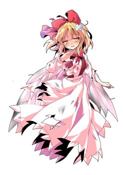 1girl alphes_(style) black_vest blonde_hair blush bow bowtie commentary_request dairi defeat feathered_wings feathers full_body gengetsu_(touhou) hair_bow hand_up large_variant_set long_skirt long_sleeves open_clothes open_vest parody puffy_long_sleeves puffy_sleeves red_bow red_bowtie shirt short_hair skirt skirt_set solo style_parody tachi-e torn_clothes touhou touhou_(pc-98) transparent_background variant_set vest white_shirt white_skirt white_wings wings