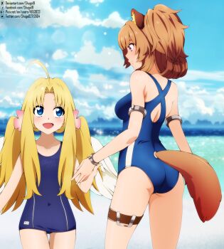2girls :d alternate_costume alternate_hairstyle animal_ear_fluff animal_ears artist_name ass back_cutout bare_shoulders beach belt bird_girl bird_wings blonde_hair blue_eyes blue_one-piece_swimsuit blue_sky breasts brown_belt brown_hair closed_mouth clothing_cutout cloud cloudy_sky collarbone commentary covered_navel cowboy_shot deviantart_logo deviantart_username english_commentary facebook_logo facebook_username feathered_wings filo_(tate_no_yuusha_no_nariagari) flat_chest flower folded_ponytail from_behind hair_flower hair_ornament hand_up highres loli long_hair looking_at_another medium_breasts medium_hair metal_arm_cuffs metal_wrist_cuffs multiple_girls ocean one-piece_swimsuit open_mouth outdoors pink_eyes pink_flower pixiv_id pixiv_logo raccoon_ears raccoon_girl raccoon_tail raphtalia school_swimsuit shugo19 signature sky smile sparkle standing straight-on swimsuit tail tail_through_clothes tate_no_yuusha_no_nariagari thigh_belt thigh_strap twintails twitter_logo twitter_username watermark white_wings wings