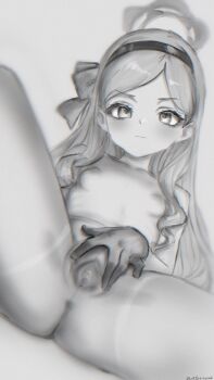 1girl absurdres autreeyah blue_archive breasts closed_mouth gloves greyscale hairband highres loli long_hair looking_at_viewer monochrome pantyhose pussy simple_background sitting small_breasts solo spread_pussy spreading_own_pussy takane_(blue_archive) uncensored