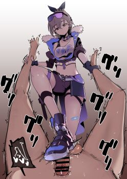 1boy 1girl absurdres ankle_grab ball_busting bandaid bandaid_on_leg barefoot bdsm black_gloves black_jacket black_shorts cbt clothed_female_nude_male crotch_stomping denki_anma eyewear_on_head femdom fingerless_gloves footjob garasuhokou gloves grey_eyes grey_hair highres honkai:_star_rail honkai_(series) jacket nude penis sadism shorts silver_wolf_(honkai:_star_rail) stomping testicles