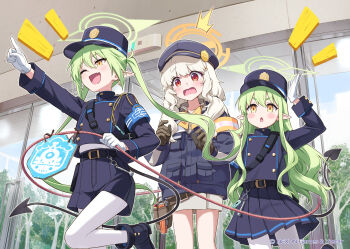 Rule 34 | 3girls, aoba (blue archive), belt, black belt, black boots, blue archive, boots, brown gloves, commentary request, demon tail, eretto, fang, gloves, green hair, halo, hand up, hat, highres, hikari (blue archive), long hair, long sleeves, looking to the side, multiple girls, nozomi (blue archive), official art, one eye closed, open mouth, outdoors, pantyhose, pointing, pointing forward, pointy ears, red eyes, shirt, shorts, skirt, smile, tail, v-shaped eyebrows, white gloves, white pantyhose, yellow eyes