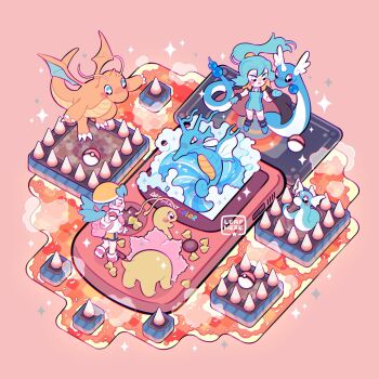 2girls bike_shorts black_cape blue_bodysuit blue_gloves blue_hair blush bodysuit breasts cape chibi chibi_only clair_(pokemon) claws dragon dragonair dragonite dratini earrings fish flower game_boy game_boy_color gen_1_pokemon gen_2_pokemon gloves hair_between_eyes handheld_game_console hat highres holding horns jacket jewelry kingdra kris_(pokemon) lava leaphere long_hair long_sleeves meganium multiple_girls nintendo open_mouth platform poke_ball poke_ball_(basic) pokemon pokemon_(creature) pokemon_focus pokemon_gsc pokemon_hgss ponytail seahorse shirt shorts single_horn smile spikes star-shaped_pupils star_(symbol) symbol-shaped_pupils tail tooth_earrings twintails unitard water white_jacket wings yellow_hat yellow_shorts